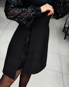 Liliana | Elegancka Sukienka z Bufiastymi Rękawami i Patchworkowymi Detalami